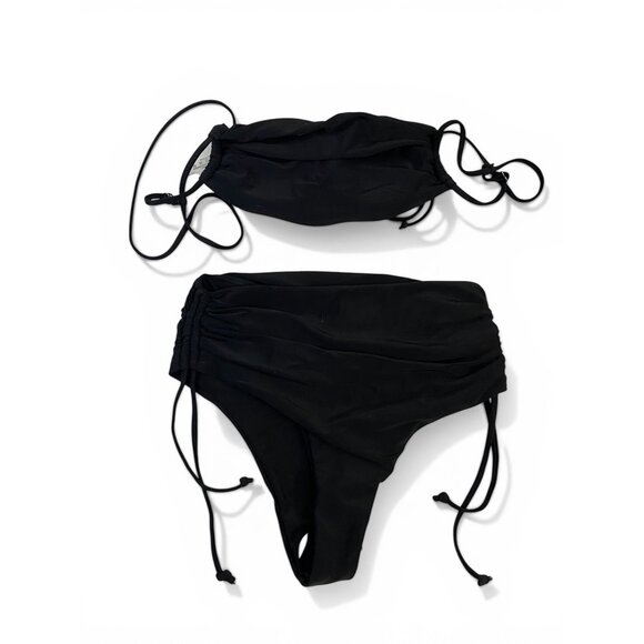 NWT SHEIN Black Bandeau Bikini Set High Waist Ruched Adjustable Straps Size S - Picture 2 of 9